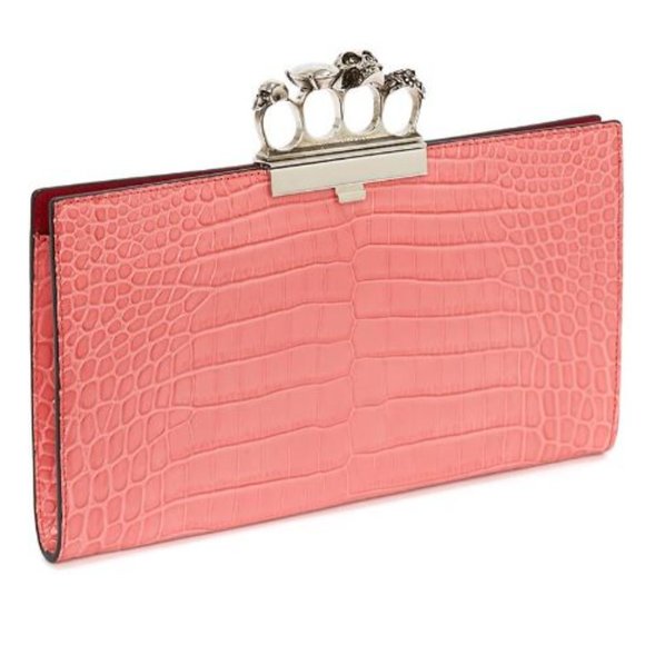 Alexander McQueen Skull Four-Ring Croc-Embossed Leather Clutch Pink - Picture 1 of 13